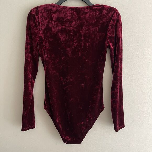 Mimi Chica Body Suit Top Size S Velvet Long Sleeve V Neck Burgundy Red Fancy - Picture 3 of 5